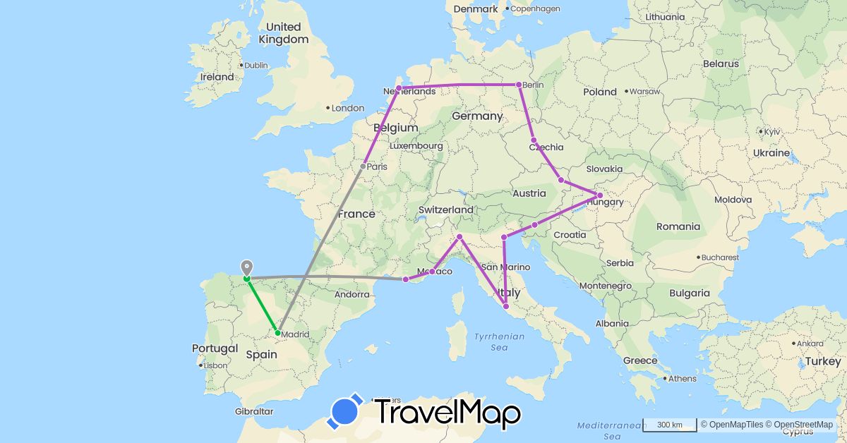 TravelMap itinerary: driving, bus, plane, train in Austria, Czech Republic, Germany, Spain, France, Hungary, Italy, Netherlands, Slovenia (Europe)